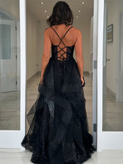 Sparkly Black A Line Spaghetti Straps Tiered Corset Tulle Long Prom Dress