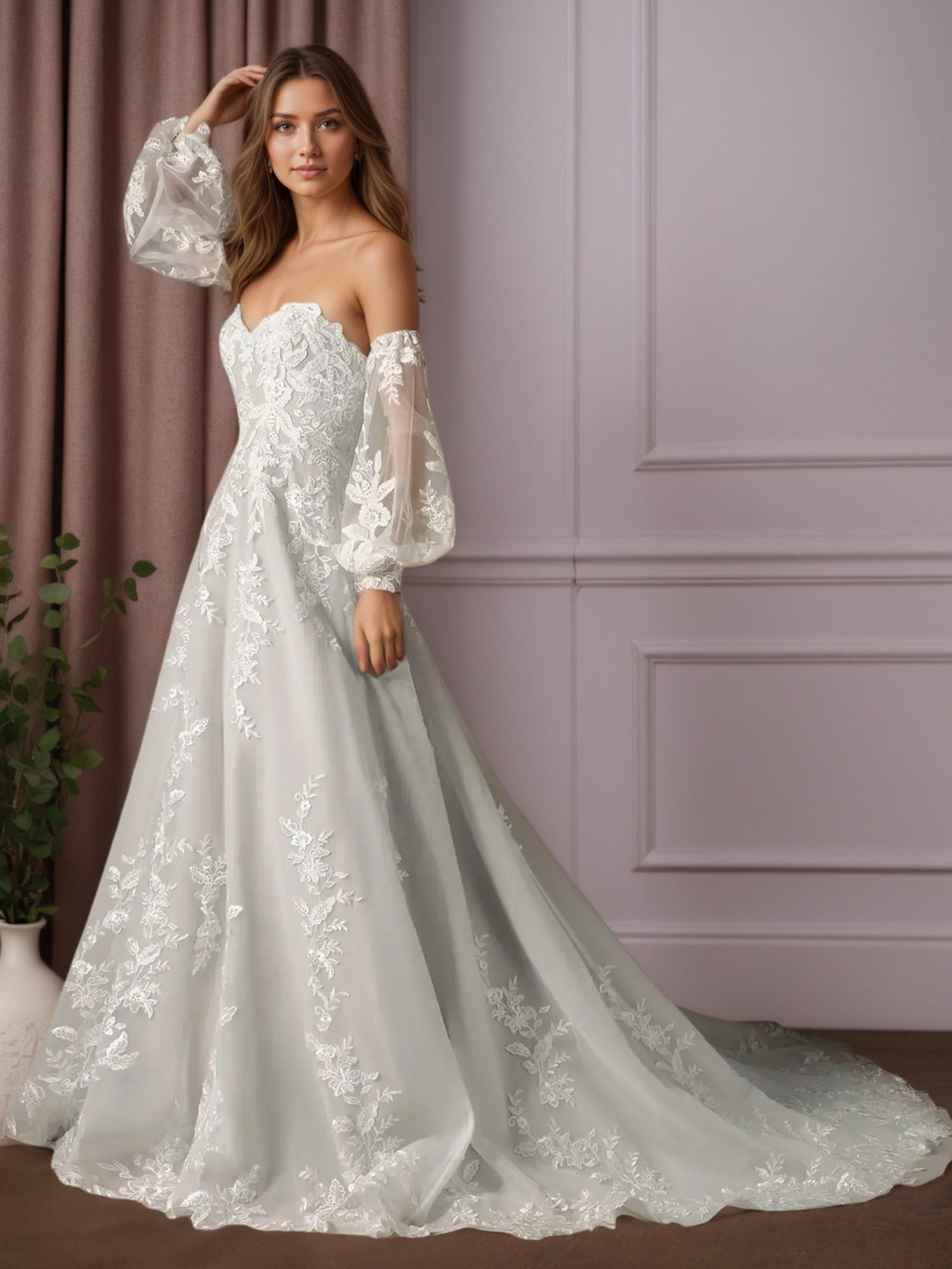 White Ball-Gown Strapless Lace Wedding Dress
