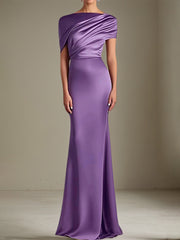 Satin Wedding Guest Dresses Asymmetrical Neck Floor Length Dress