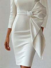 White Bow Boat Neck Three Quarter Sleeve Sheath Midi Dress