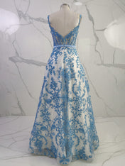 Blue Floral Baroque Lace A Line Long Corset Prom Dress