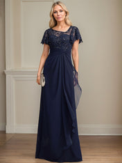A-line Asymmetrical Illusion Floor-Length Lace Chiffon Mother of the Bride Dress With Cascading Ruffles Sequins