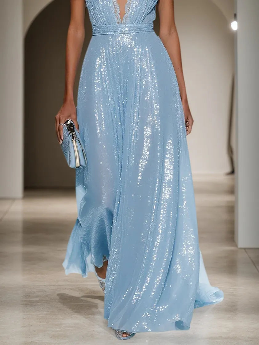 Dreamylily Women Light Blue Lace Sequin V Neck Sleeveless A-Line Maxi Dress