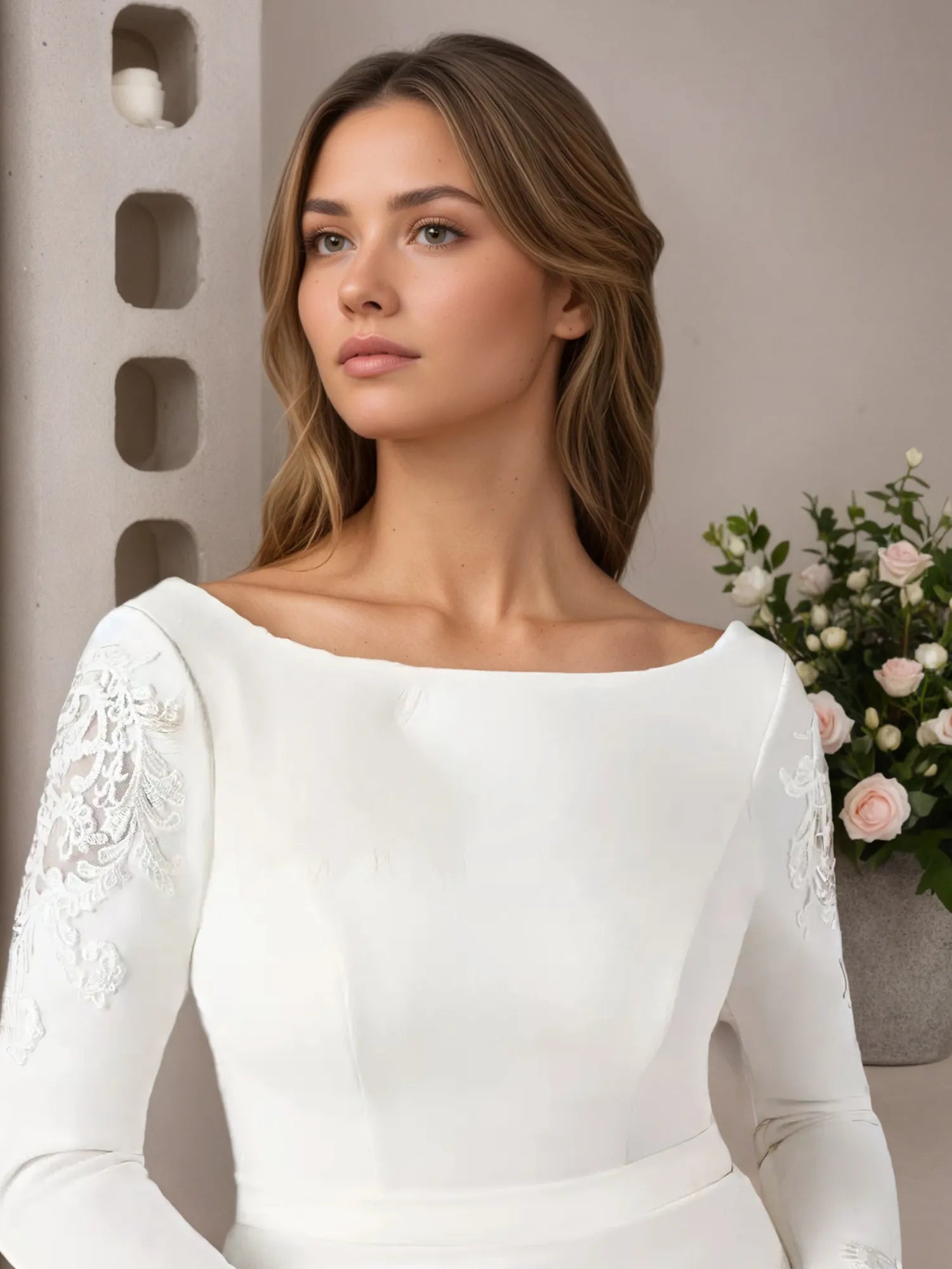 White Mermaid Scoop Sequins Stretch Crepe Wedding Dress