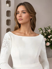 White Mermaid Scoop Sequins Stretch Crepe Wedding Dress