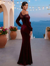 Evening Dress Burgundy Long Sleeves One Shoulder Velvet Maxi Dress