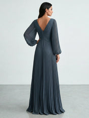 Slate Blue Plunging V-Neck Pleated Long Sleeve Maxi Dress Gown