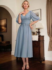 A-line V-Neck Tea-Length Lace Chiffon Mother of the Bride Dress With Pleated