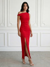 Red One Shoulder Mermaid Satin Maxi Dress Tea Length
