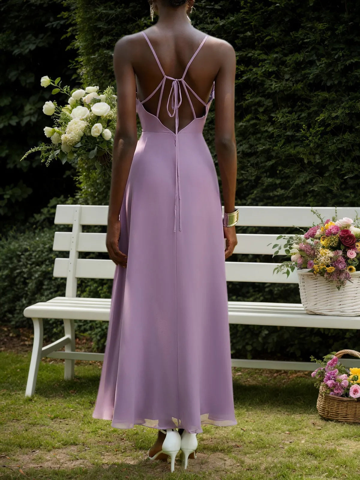 Light Purple Chiffon Spaghetti Gallus A-Line Maxi Bridesmaid Dress