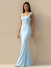 Regular Straps Light Blue Maxi Dresses for Women Mermaid Backless Evening Dress