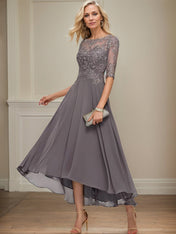 A-line Boat Neck Illusion Asymmetrical Chiffon Lace Mother of the Bride Dress With Sequins Beading