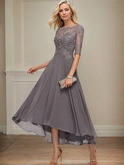 A-line Boat Neck Illusion Asymmetrical Chiffon Lace Mother of the Bride Dress With Sequins Beading