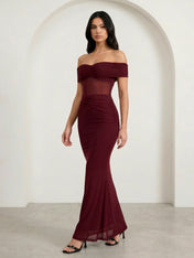 Burgundy Off the Shoulder Mermaid Maxi Dress with Hollowed