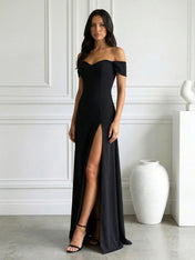 Black Off the Shoulder Mermaid Maxi Dress Prom Dress with Slit