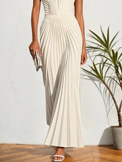 White Pleated Classic Strapless Sleeveless A-Line Maxi Dress