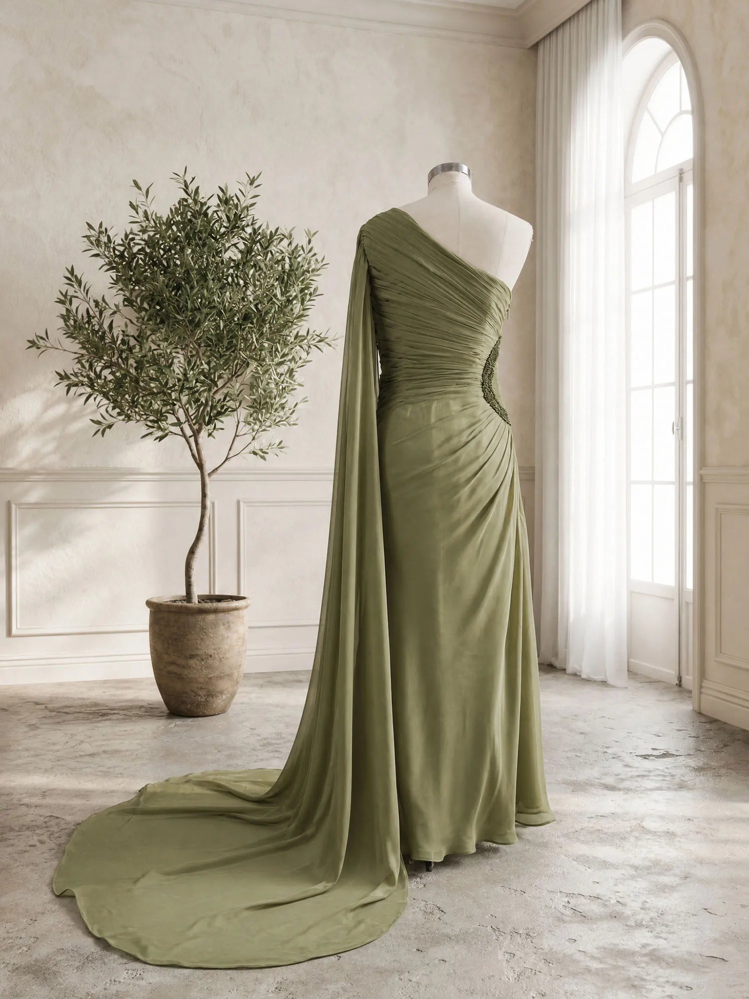 Sage Green One Shoulder Beaded Evening Gown with Cape Sleeve