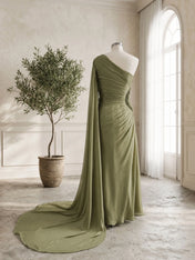 Sage Green One Shoulder Beaded Evening Gown with Cape Sleeve