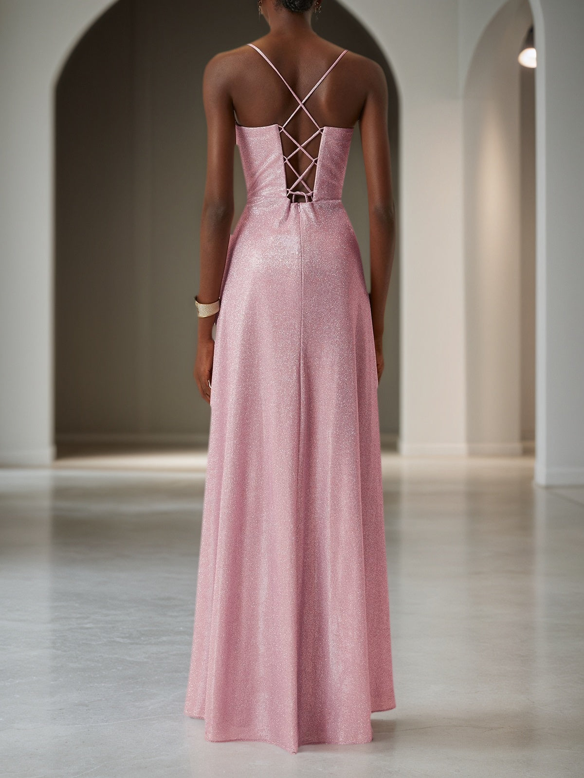 Light Pink Ruched Satin Spaghetti Corset A-Line Gown Dress