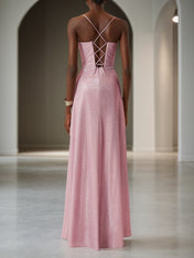 Light Pink Ruched Satin Spaghetti Corset A-Line Gown Dress