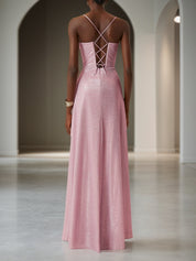 Light Pink Ruched Satin Spaghetti Corset A-Line Gown Dress