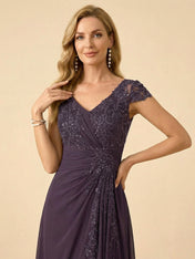 Purple V-Neck High-Low Mother of the Bride Dress with Appliques