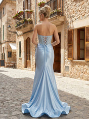 Glamorous Strapless Beaded Corset Satin Prom Dress with Slit