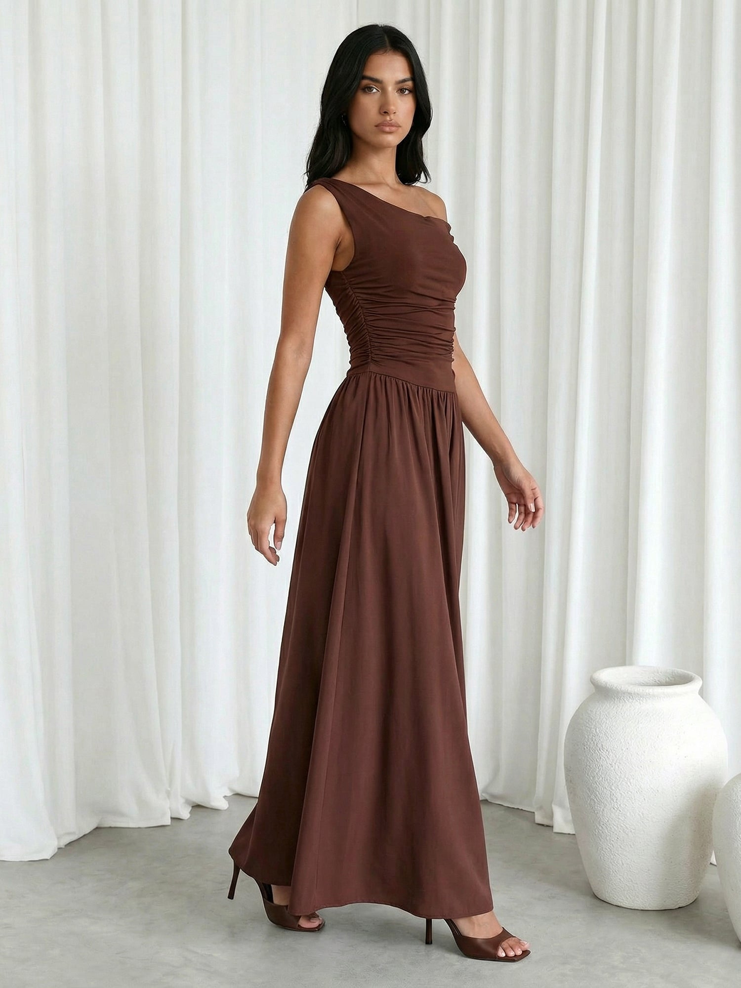 Brown One Shoulder A Line Floor Length Maxi Dress with Pleat