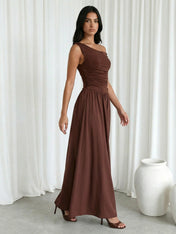 Brown One Shoulder A Line Floor Length Maxi Dress with Pleat