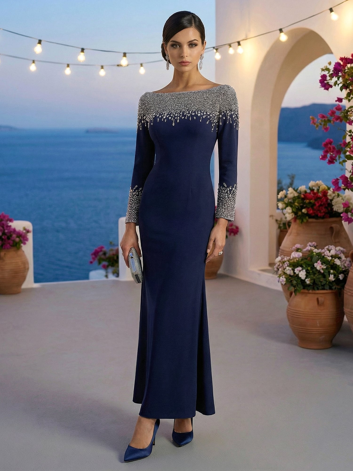 Formal Evening Dress Blue Velvet Long Sleeves Maxi Dress with Crystal