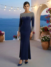 Formal Evening Dress Blue Velvet Long Sleeves Maxi Dress with Crystal