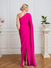 Hot Pink Stretch Crepe One Shoulder Ruched Floor-Length Evening Dress