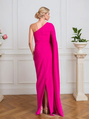 Hot Pink Stretch Crepe One Shoulder Ruched Floor-Length Evening Dress