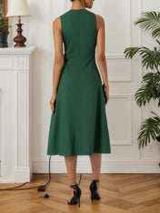 Green Shirred Cotton Crew Neck Sleeveless A-Line Midi Dress