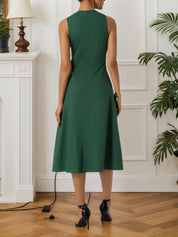 Green Shirred Cotton Crew Neck Sleeveless A-Line Midi Dress