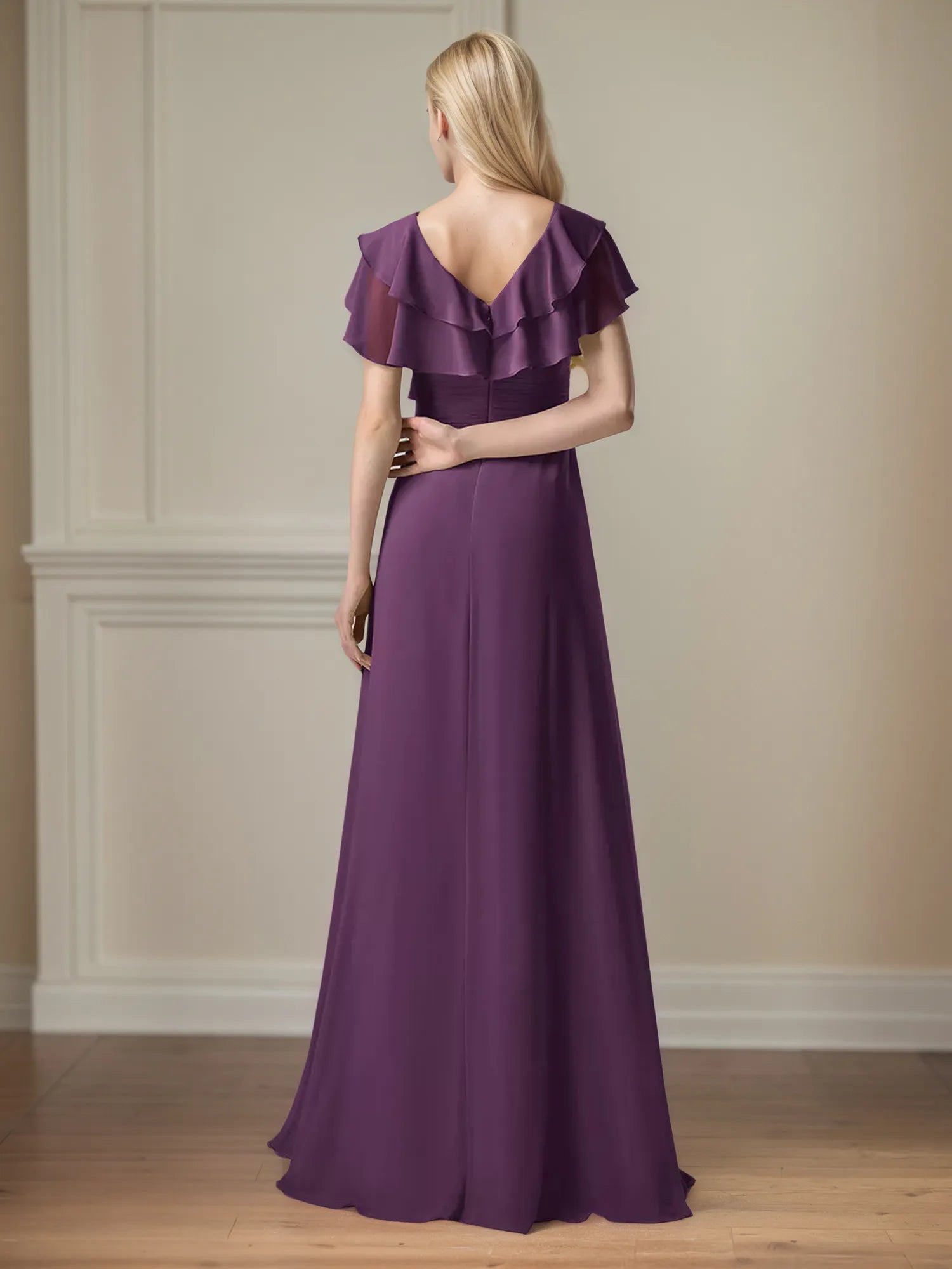 A Line Chiffon V Neck Ruffles Floor Length Mother of the Bride Dress