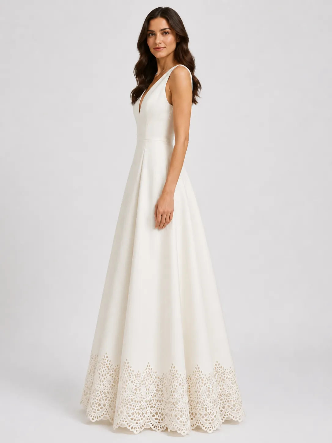 Elegant Deep V-Neck Satin A-Line Wedding Dress with Cutwork Lace Hem