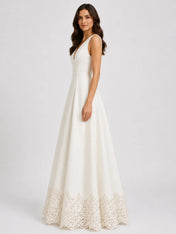 Elegant Deep V-Neck Satin A-Line Wedding Dress with Cutwork Lace Hem