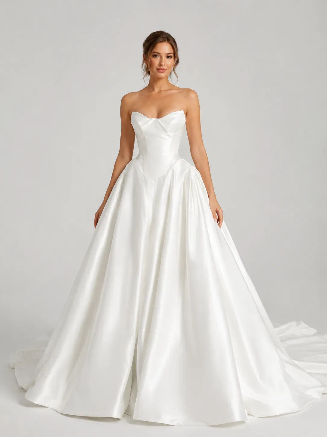 Elegant Strapless Satin Ball Gown Wedding Dress with Sculpted Bodice and Cathedral Train