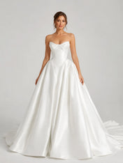 Elegant Strapless Satin Ball Gown Wedding Dress with Sculpted Bodice and Cathedral Train