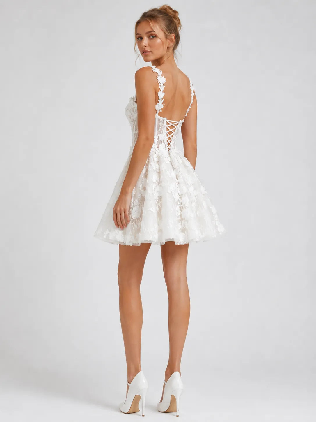 Elegant Floral Lace Strap Mini Wedding Dress with Illusion Corset Waist and Lace-Up Back