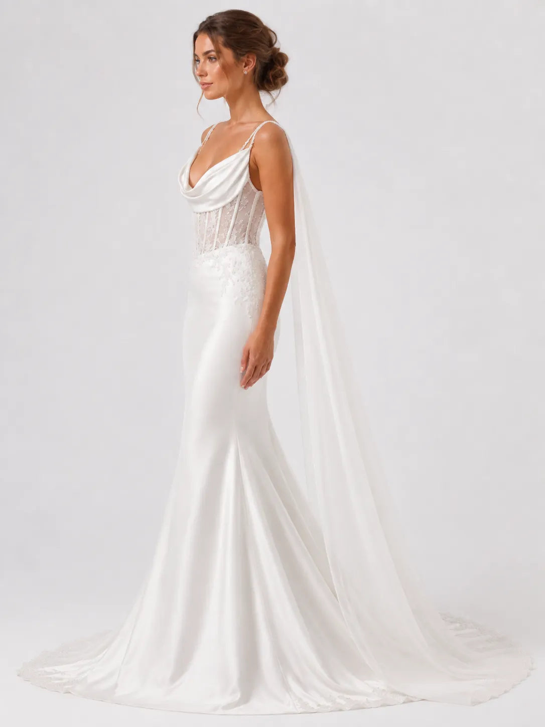 Elegant Spaghetti Strap Mermaid Wedding Dress with Draped Cowl Neck, Illusion Corset, Lace Appliqué and Chapel Train