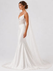Elegant Spaghetti Strap Mermaid Wedding Dress with Draped Cowl Neck, Illusion Corset, Lace Appliqué and Chapel Train