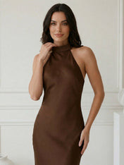 Brown Halter Neck Mermaid Satin Maxi Dress Tea Length