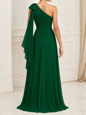 A Line One-Shoulder Chiffon Pleated Bow Maxi Evening Dress