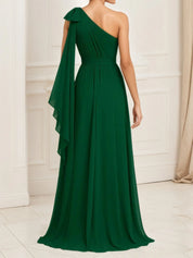 A Line One-Shoulder Chiffon Pleated Bow Maxi Evening Dress