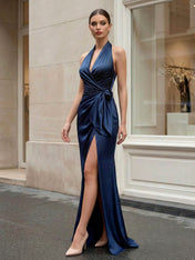 Navy Blue Halter V-Neck Satin Gown with Side Knot and High Slit Evening Dress