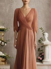 Elegant Evening Dress Cross Neck Puff Sleeve Draped Pleated Maxi Dress