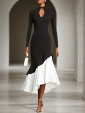 Formal Evening Dress Black White Stand Collar Ruffle Maxi Dress