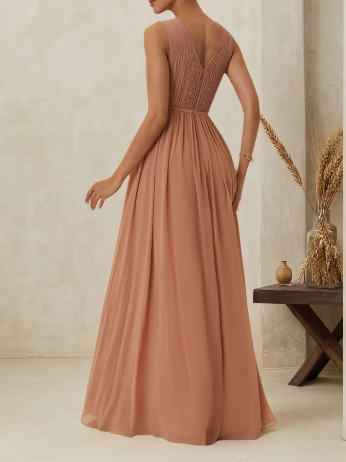 Pink Ruched Prom Dress V Neck Sleeveless A-Line Maxi Bridesmaid Dress